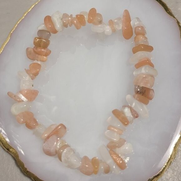 Peach Moonstone Chip Bracelet | Natural Gemstone Stretch Boho Healing Jewelry - Picture 1 of 7